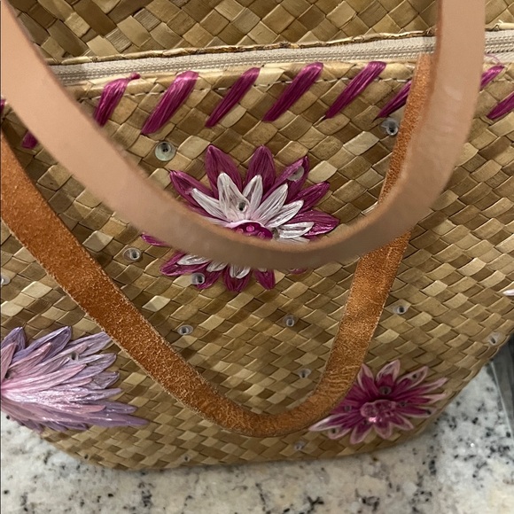 Floral Woven Tote Bag - Tan and Pink - Picture 8 of 11